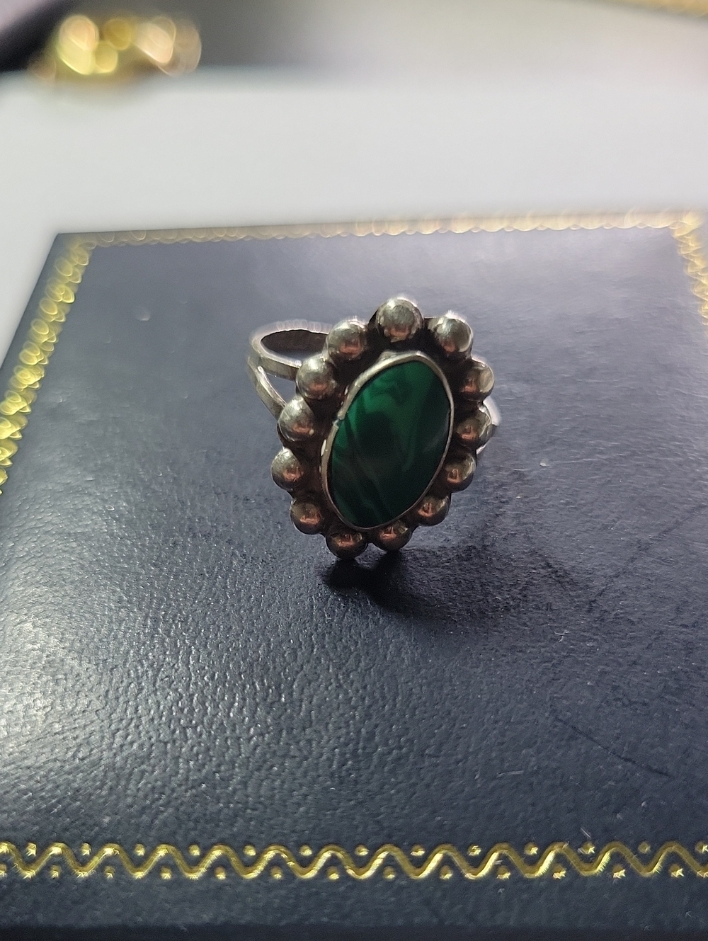 Vintage Sterling Silver Green Oval Stone Ring
